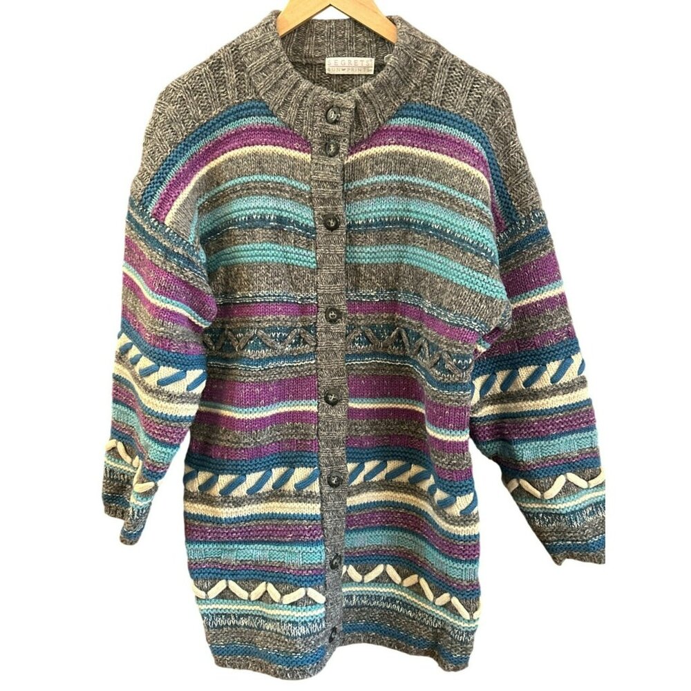 Vintage Segrets 1992 3D Geometric Wool Cardigan Sweater Size Small 1990s